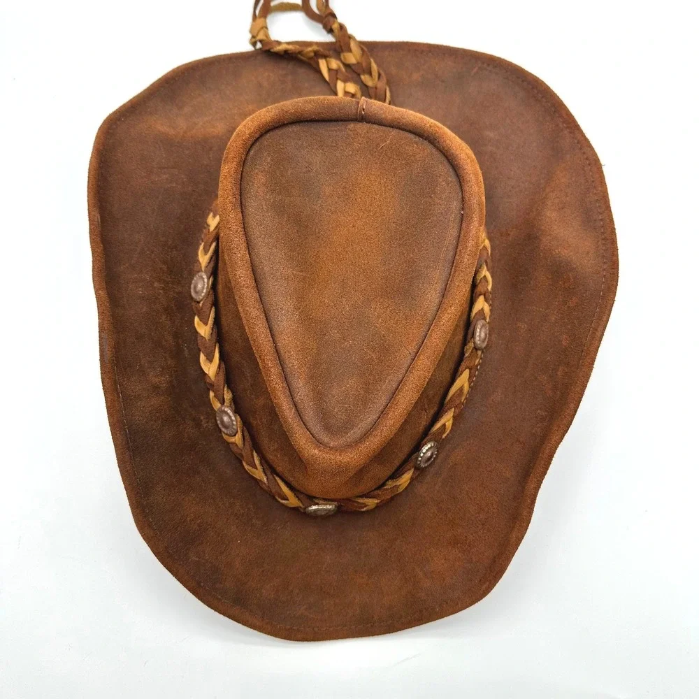 Vintage Brown Suede Leather Cowboy Hat Braided Band Concho Western Mexico Hat L